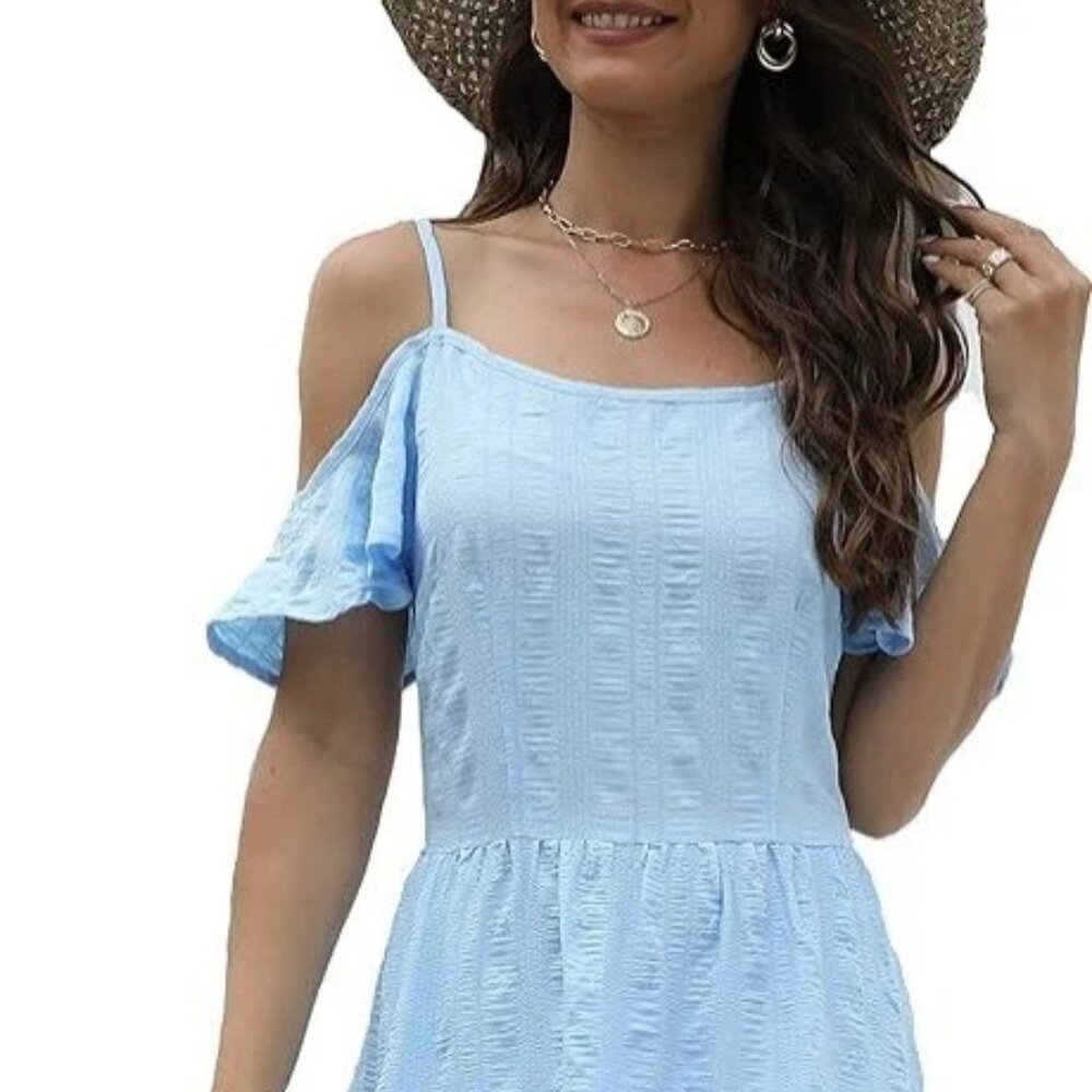 Duiah Women's Spaghetti Strap Summer Blue Midi Dress Medium NWT